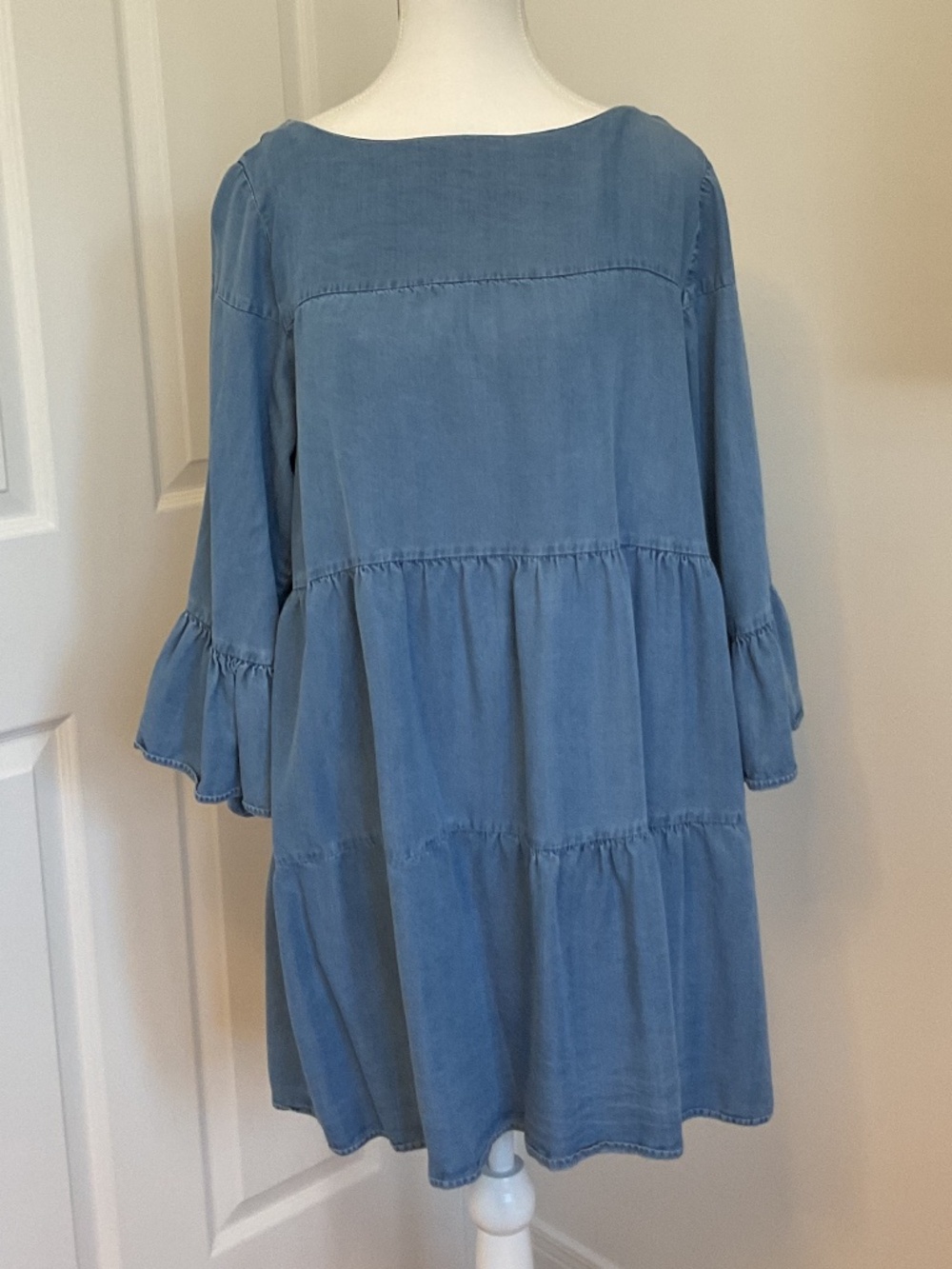 ⭐️ Zara Chambray Soft Denim Tiered Dress featuring bell sleeves - size L
